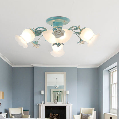 Korean Garden Floral Semi Flush 5/7/11 Lights Cream Glass Flush Mount Light Fixture in Pink/Blue for Bedroom 5 Blue Clearhalo 'Ceiling Lights' 'Close To Ceiling Lights' 'Close to ceiling' 'Glass shade' 'Glass' 'Semi-flushmount' Lighting' 922581