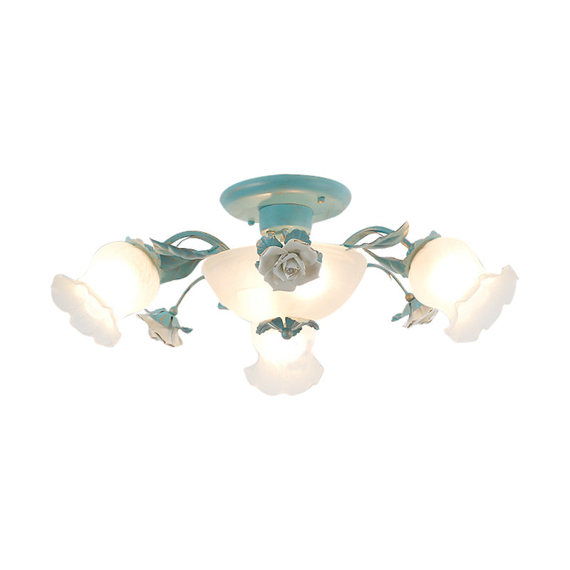 Korean Garden Floral Semi Flush 5/7/11 Lights Cream Glass Flush Mount Light Fixture in Pink/Blue for Bedroom Clearhalo 'Ceiling Lights' 'Close To Ceiling Lights' 'Close to ceiling' 'Glass shade' 'Glass' 'Semi-flushmount' Lighting' 922582