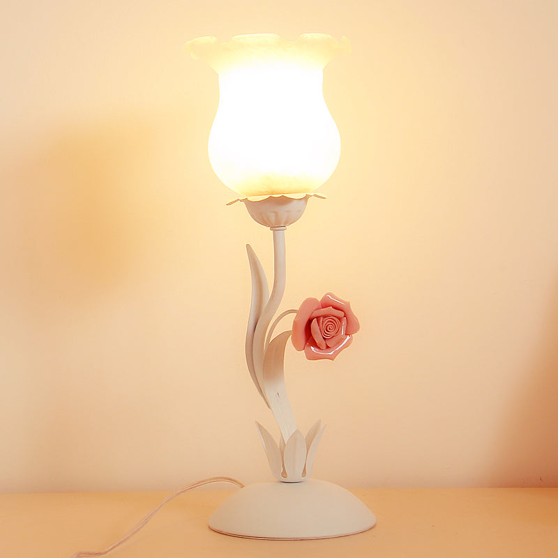1-Bulb Frosted Glass Nightstand Light Pastoral Style Pink/Blue Rose Night Table Lighting for Bedroom Pink Clearhalo 'Lamps' 'Table Lamps' Lighting' 922592