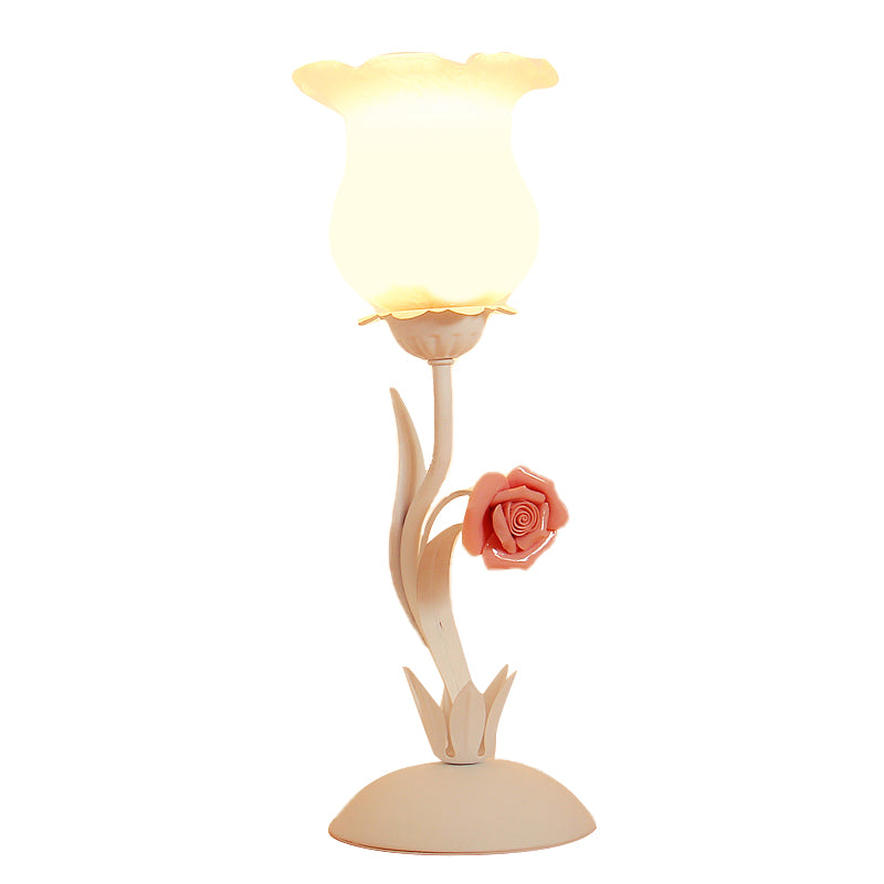1-Bulb Frosted Glass Nightstand Light Pastoral Style Pink/Blue Rose Night Table Lighting for Bedroom Clearhalo 'Lamps' 'Table Lamps' Lighting' 922593
