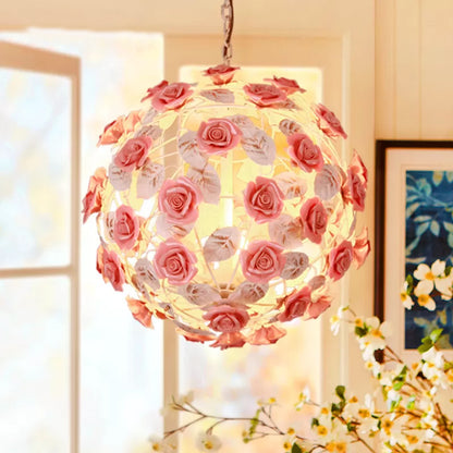 14"/16" W Metal Pink Hanging Light Fixture Ball 1-Head Romantic Pastoral Ceiling Lamp with Rose Decor Pink Clearhalo 'Ceiling Lights' 'Pendant Lights' 'Pendants' Lighting' 922598_386f74da-ac8e-4ad4-8981-f669f12a97b0