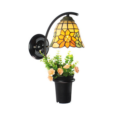 1 Head Flared Sconce Light Fixture Victorian Yellow Stained Glass Wall Mount Light with Flower Decoration Yellow Clearhalo 'Industrial' 'Middle century wall lights' 'Tiffany wall lights' 'Tiffany' 'Wall Lamps & Sconces' 'Wall Lights' Lighting' 92260