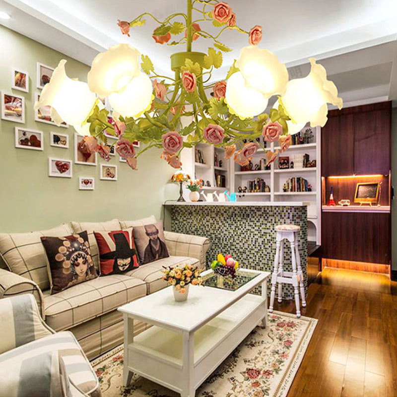 Sputnik Living Room Chandelier Korean Flower Ivory Glass 8 Lights Green Suspension Lighting Clearhalo 'Ceiling Lights' 'Chandeliers' 'Glass shade' 'Glass' Lighting' 922636