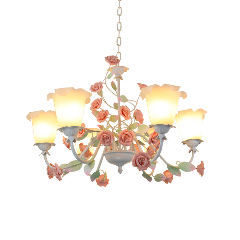 6-Bulb White Glass Chandelier Lamp Pastoral Pink Rose Living Room Hanging Pendant Light Clearhalo 'Ceiling Lights' 'Chandeliers' 'Close To Ceiling Lights' 'Glass shade' 'Glass' Lighting' 922642