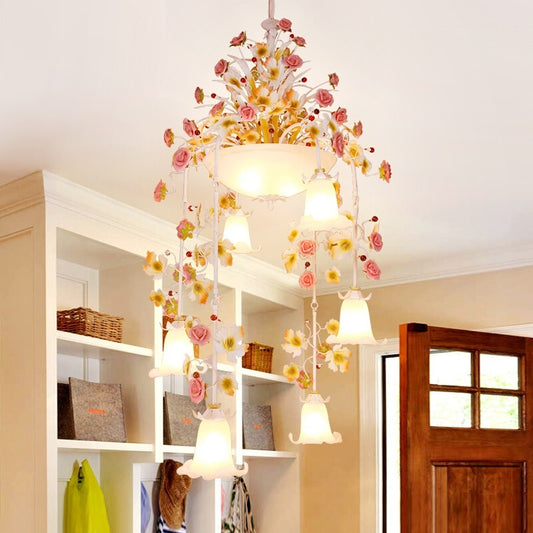 Rose White Glass Ceiling Lamp Romantic Pastoral 10 Bulbs Foyer Chandelier Lighting Fixture White Clearhalo 'Ceiling Lights' 'Chandeliers' 'Close To Ceiling Lights' 'Glass shade' 'Glass' Lighting' 922649