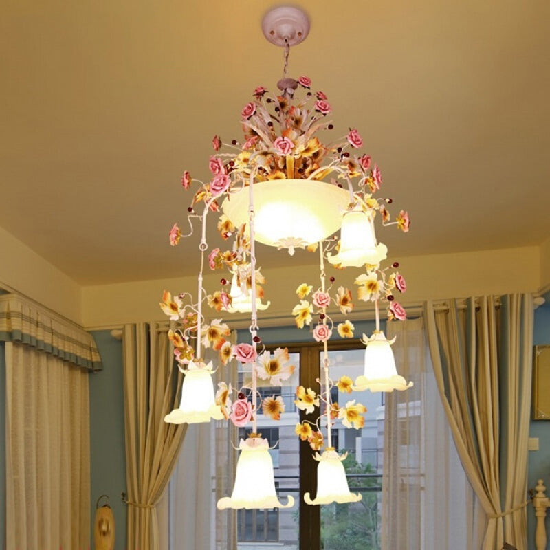 Rose White Glass Ceiling Lamp Romantic Pastoral 10 Bulbs Foyer Chandelier Lighting Fixture Clearhalo 'Ceiling Lights' 'Chandeliers' 'Close To Ceiling Lights' 'Glass shade' 'Glass' Lighting' 922650