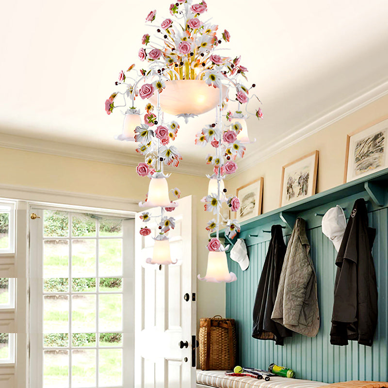 Rose White Glass Ceiling Lamp Romantic Pastoral 10 Bulbs Foyer Chandelier Lighting Fixture Clearhalo 'Ceiling Lights' 'Chandeliers' 'Close To Ceiling Lights' 'Glass shade' 'Glass' Lighting' 922651