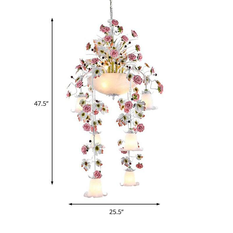 Rose White Glass Ceiling Lamp Romantic Pastoral 10 Bulbs Foyer Chandelier Lighting Fixture Clearhalo 'Ceiling Lights' 'Chandeliers' 'Close To Ceiling Lights' 'Glass shade' 'Glass' Lighting' 922653