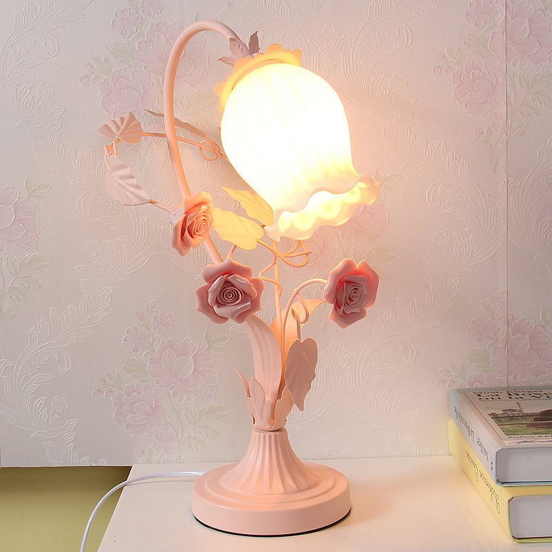 Scalloped Opal Glass Table Light Romantic Pastoral 1 Head Bedroom Night Lamp with Rose in Pink/Blue/White Pink Clearhalo 'Lamps' 'Table Lamps' Lighting' 922679
