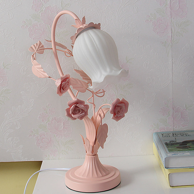 Scalloped Opal Glass Table Light Romantic Pastoral 1 Head Bedroom Night Lamp with Rose in Pink/Blue/White Clearhalo 'Lamps' 'Table Lamps' Lighting' 922680