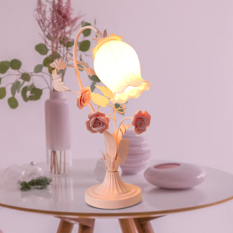 Scalloped Opal Glass Table Light Romantic Pastoral 1 Head Bedroom Night Lamp with Rose in Pink/Blue/White Clearhalo 'Lamps' 'Table Lamps' Lighting' 922681