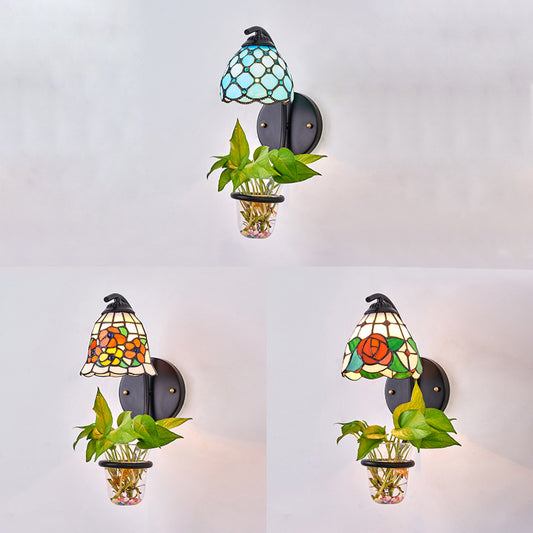 Dome Sconce Light Fixture Tiffany Multicolor Stained Glass 1 Head Red/Orange-Yellow/Blue Wall Mount Light with Plant Decoration Clearhalo 'Industrial' 'Middle century wall lights' 'Tiffany wall lights' 'Tiffany' 'Wall Lamps & Sconces' 'Wall Lights' Lighting' 92283
