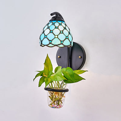Dome Sconce Light Fixture Tiffany Multicolor Stained Glass 1 Head Red/Orange-Yellow/Blue Wall Mount Light with Plant Decoration Blue Clearhalo 'Industrial' 'Middle century wall lights' 'Tiffany wall lights' 'Tiffany' 'Wall Lamps & Sconces' 'Wall Lights' Lighting' 92284
