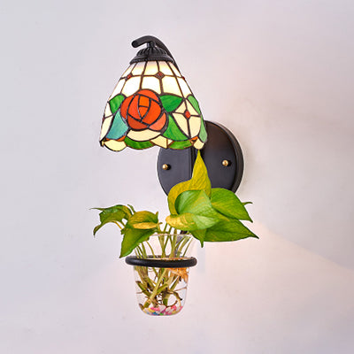 Dome Sconce Light Fixture Tiffany Multicolor Stained Glass 1 Head Red/Orange-Yellow/Blue Wall Mount Light with Plant Decoration Red Clearhalo 'Industrial' 'Middle century wall lights' 'Tiffany wall lights' 'Tiffany' 'Wall Lamps & Sconces' 'Wall Lights' Lighting' 92286