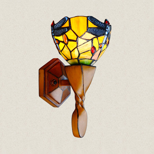 Yellow Dragonfly Decor Wall Sconce Vintage Stained Glass 1 Head Wall Sconce Lighting for Corridor Clearhalo 'Industrial' 'Middle century wall lights' 'Tiffany wall lights' 'Tiffany' 'Wall Lamps & Sconces' 'Wall Lights' Lighting' 92306