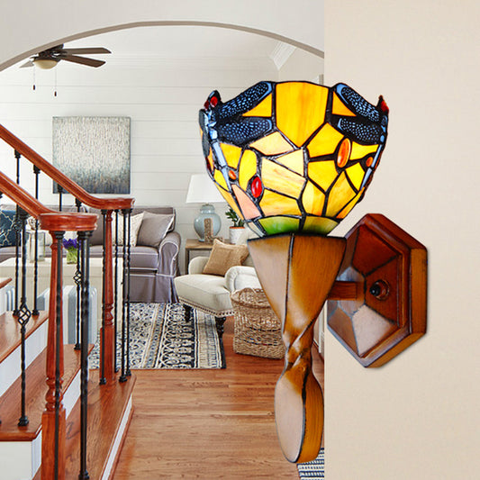 Yellow Dragonfly Decor Wall Sconce Vintage Stained Glass 1 Head Wall Sconce Lighting for Corridor Yellow Clearhalo 'Industrial' 'Middle century wall lights' 'Tiffany wall lights' 'Tiffany' 'Wall Lamps & Sconces' 'Wall Lights' Lighting' 92308