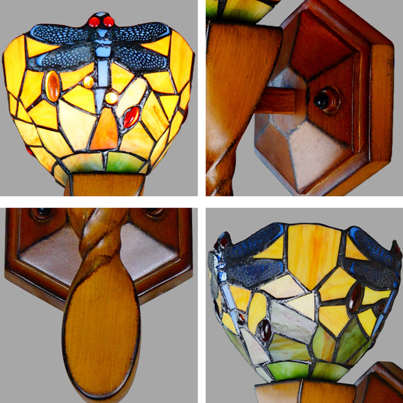 Yellow Dragonfly Decor Wall Sconce Vintage Stained Glass 1 Head Wall Sconce Lighting for Corridor Clearhalo 'Industrial' 'Middle century wall lights' 'Tiffany wall lights' 'Tiffany' 'Wall Lamps & Sconces' 'Wall Lights' Lighting' 92310
