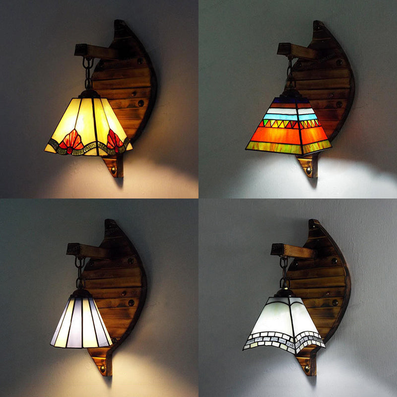 Cone Shape Wall Light Retro Style Colorful Stained Glass 1 Light Wall Sconce Lamp Fixture in White/Light Blue/Light Blue-White/Orange-Red/Yellow/White for Balcony Clearhalo 'Industrial' 'Middle century wall lights' 'Tiffany wall lights' 'Tiffany' 'Wall Lamps & Sconces' 'Wall Lights' Lighting' 92340