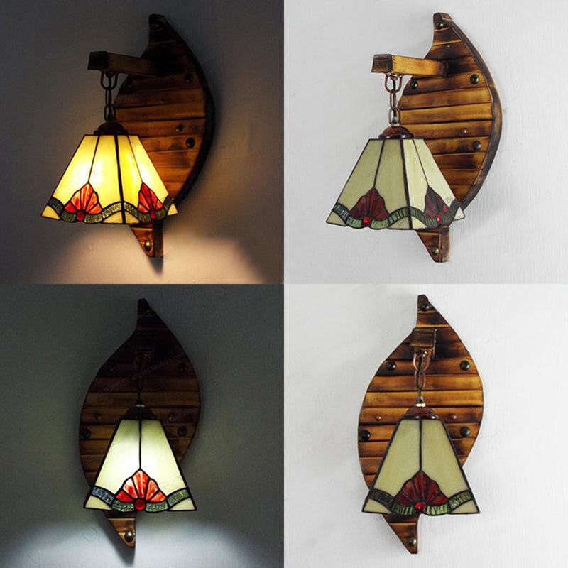 Cone Shape Wall Light Retro Style Colorful Stained Glass 1 Light Wall Sconce Lamp Fixture in White/Light Blue/Light Blue-White/Orange-Red/Yellow/White for Balcony Clearhalo 'Industrial' 'Middle century wall lights' 'Tiffany wall lights' 'Tiffany' 'Wall Lamps & Sconces' 'Wall Lights' Lighting' 92342