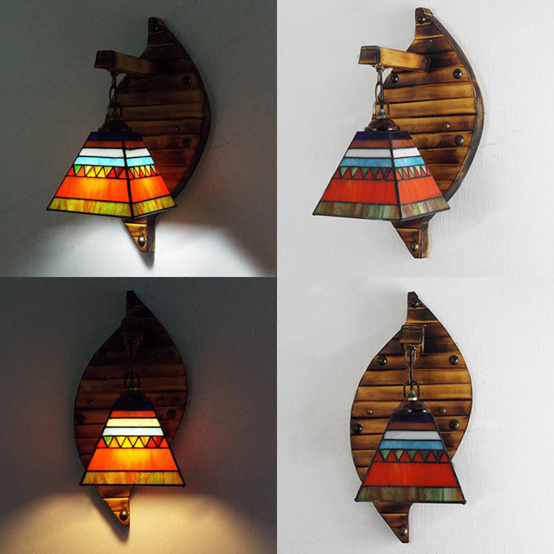 Cone Shape Wall Light Retro Style Colorful Stained Glass 1 Light Wall Sconce Lamp Fixture in White/Light Blue/Light Blue-White/Orange-Red/Yellow/White for Balcony Clearhalo 'Industrial' 'Middle century wall lights' 'Tiffany wall lights' 'Tiffany' 'Wall Lamps & Sconces' 'Wall Lights' Lighting' 92344
