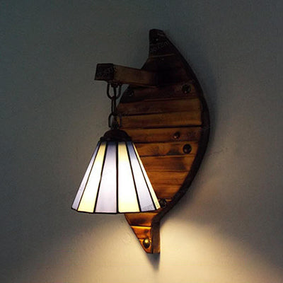 Cone Shape Wall Light Retro Style Colorful Stained Glass 1 Light Wall Sconce Lamp Fixture in White/Light Blue/Light Blue-White/Orange-Red/Yellow/White for Balcony Light Blue-White Clearhalo 'Industrial' 'Middle century wall lights' 'Tiffany wall lights' 'Tiffany' 'Wall Lamps & Sconces' 'Wall Lights' Lighting' 92345