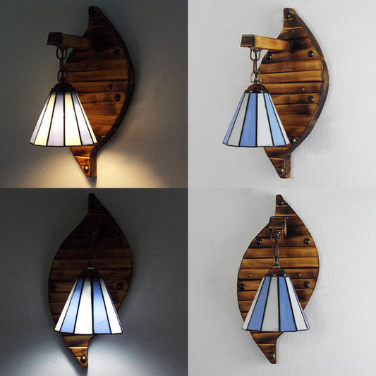 Cone Shape Wall Light Retro Style Colorful Stained Glass 1 Light Wall Sconce Lamp Fixture in White/Light Blue/Light Blue-White/Orange-Red/Yellow/White for Balcony Clearhalo 'Industrial' 'Middle century wall lights' 'Tiffany wall lights' 'Tiffany' 'Wall Lamps & Sconces' 'Wall Lights' Lighting' 92346