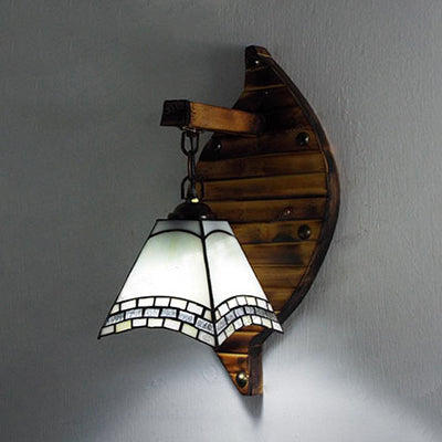 Cone Shape Wall Light Retro Style Colorful Stained Glass 1 Light Wall Sconce Lamp Fixture in White/Light Blue/Light Blue-White/Orange-Red/Yellow/White for Balcony Light Blue Clearhalo 'Industrial' 'Middle century wall lights' 'Tiffany wall lights' 'Tiffany' 'Wall Lamps & Sconces' 'Wall Lights' Lighting' 92347