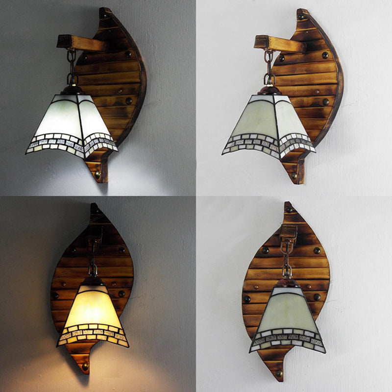 Cone Shape Wall Light Retro Style Colorful Stained Glass 1 Light Wall Sconce Lamp Fixture in White/Light Blue/Light Blue-White/Orange-Red/Yellow/White for Balcony Clearhalo 'Industrial' 'Middle century wall lights' 'Tiffany wall lights' 'Tiffany' 'Wall Lamps & Sconces' 'Wall Lights' Lighting' 92348