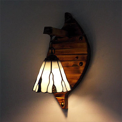 Cone Shape Wall Light Retro Style Colorful Stained Glass 1 Light Wall Sconce Lamp Fixture in White/Light Blue/Light Blue-White/Orange-Red/Yellow/White for Balcony White Clearhalo 'Industrial' 'Middle century wall lights' 'Tiffany wall lights' 'Tiffany' 'Wall Lamps & Sconces' 'Wall Lights' Lighting' 92349