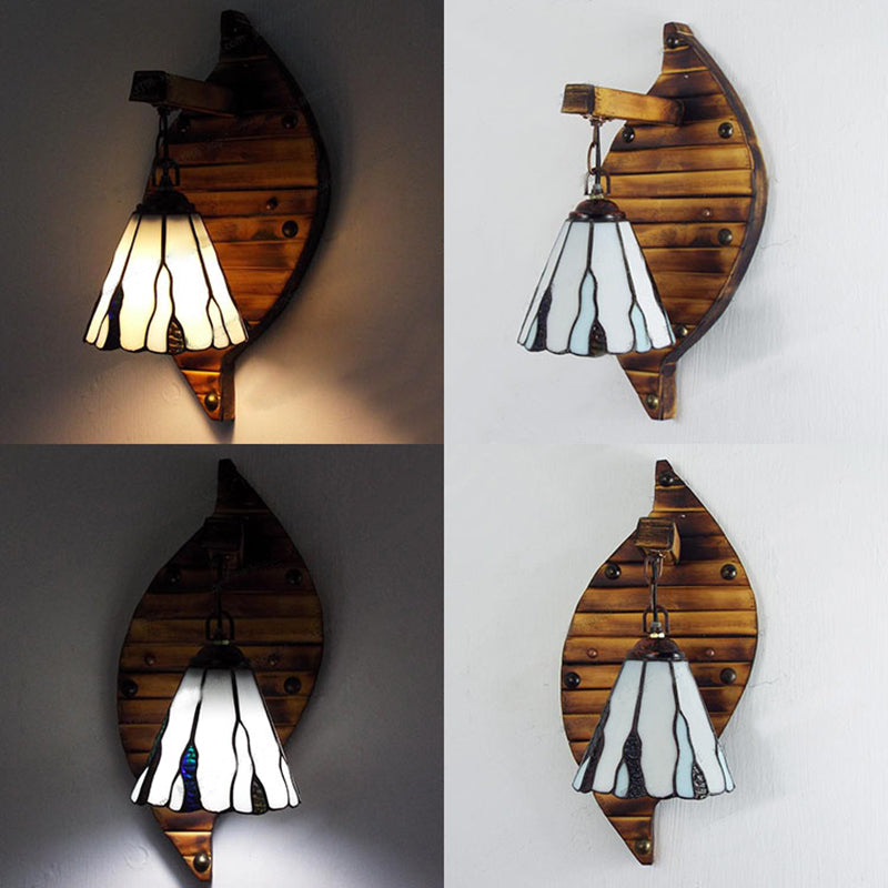Cone Shape Wall Light Retro Style Colorful Stained Glass 1 Light Wall Sconce Lamp Fixture in White/Light Blue/Light Blue-White/Orange-Red/Yellow/White for Balcony Clearhalo 'Industrial' 'Middle century wall lights' 'Tiffany wall lights' 'Tiffany' 'Wall Lamps & Sconces' 'Wall Lights' Lighting' 92350