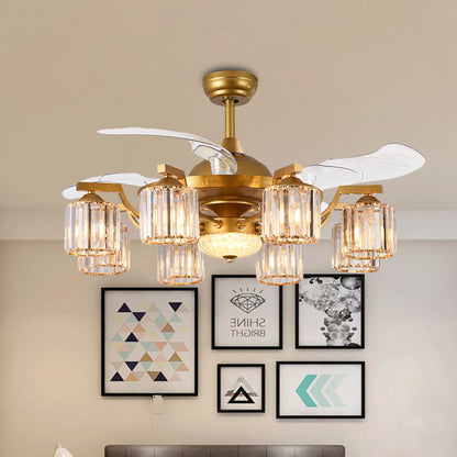 Crystal Cylinder Hanging Fan Light Traditional 8 Bulbs 3-Blade Semi Flush Mount Light in Gold, 43" Width Gold Clearhalo 'Ceiling Fans with Lights' 'Ceiling Fans' Lighting' 923772