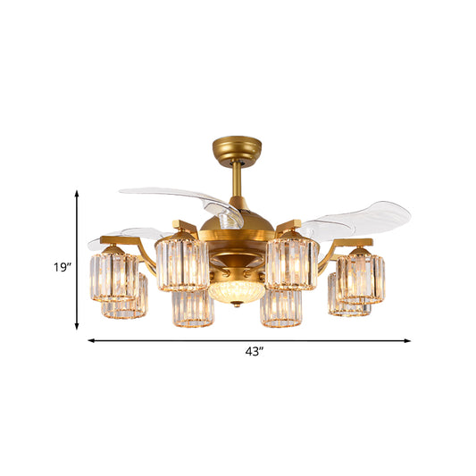 Crystal Cylinder Hanging Fan Light Traditional 8 Bulbs 3-Blade Semi Flush Mount Light in Gold, 43" Width Clearhalo 'Ceiling Fans with Lights' 'Ceiling Fans' Lighting' 923775