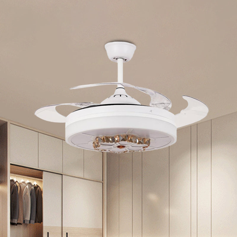 3 Blades Drum Semi Flush Light Modernism White Crystal Pendant Fan Lamp for Living Room, 19" Wide White Clearhalo 'Ceiling Fans with Lights' 'Ceiling Fans' Lighting' 923776