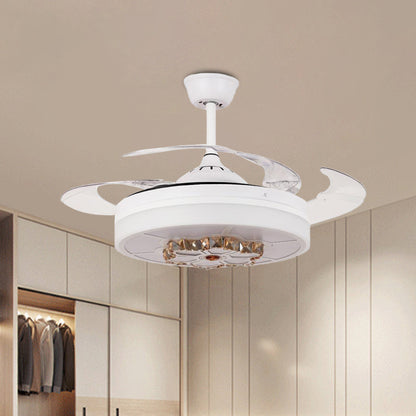 3 Blades Drum Semi Flush Light Modernism White Crystal Pendant Fan Lamp for Living Room, 19" Wide White Clearhalo 'Ceiling Fans with Lights' 'Ceiling Fans' Lighting' 923776