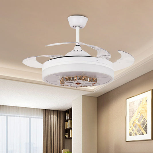3 Blades Drum Semi Flush Light Modernism White Crystal Pendant Fan Lamp for Living Room, 19" Wide Clearhalo 'Ceiling Fans with Lights' 'Ceiling Fans' Lighting' 923777