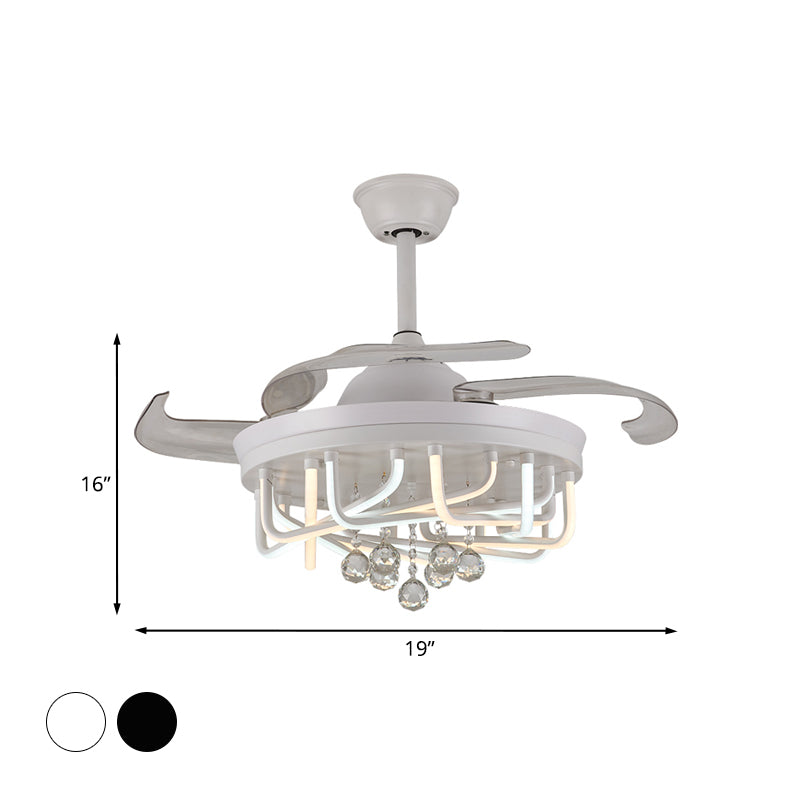 19" W 3 Blades Ceiling Fan Lighting with Acrylic Linear Shade Crystal Contemporary Bedroom Semi Flush Mount Light Fixture in White/Black Clearhalo 'Ceiling Fans with Lights' 'Ceiling Fans' Lighting' 923783