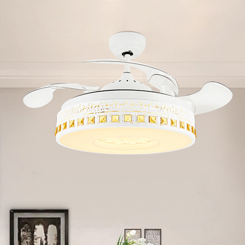 Nordic Round Fan Light 4-Blade LED Metal Semi Flush Mount Ceiling Fixture with Crystal Trim in White, 19.5" Wide White Clearhalo 'Ceiling Fans with Lights' 'Ceiling Fans' Lighting' 923805