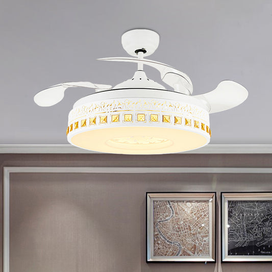 Nordic Round Fan Light 4-Blade LED Metal Semi Flush Mount Ceiling Fixture with Crystal Trim in White, 19.5" Wide Clearhalo 'Ceiling Fans with Lights' 'Ceiling Fans' Lighting' 923806