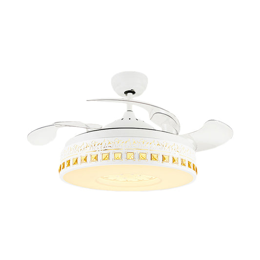 Nordic Round Fan Light 4-Blade LED Metal Semi Flush Mount Ceiling Fixture with Crystal Trim in White, 19.5" Wide Clearhalo 'Ceiling Fans with Lights' 'Ceiling Fans' Lighting' 923807