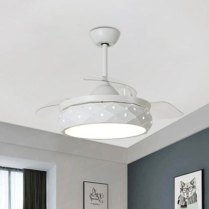 3-Blade Beveled Cut Drum LED Fan Lighting Modern White Metallic Semi Flush Mount Light Fixture, 19.5" Width White Clearhalo 'Ceiling Fans with Lights' 'Ceiling Fans' Lighting' 923835