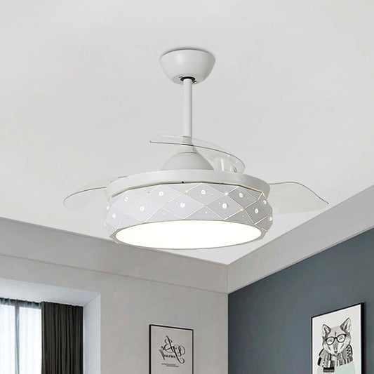3-Blade Beveled Cut Drum LED Fan Lighting Modern White Metallic Semi Flush Mount Light Fixture, 19.5" Width White Clearhalo 'Ceiling Fans with Lights' 'Ceiling Fans' Lighting' 923835