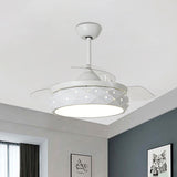 3-Blade Beveled Cut Drum LED Fan Lighting Modern White Metallic Semi Flush Mount Light Fixture, 19.5" Width White Clearhalo 'Ceiling Fans with Lights' 'Ceiling Fans' Lighting' 923835