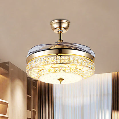 3-Blade Beveled Crystal LED Semi Flush Postmodern Gold 2-Tier Living Room Hanging Fan Lamp, 19.5" Wide Gold Clearhalo 'Ceiling Fans with Lights' 'Ceiling Fans' Lighting' 923851