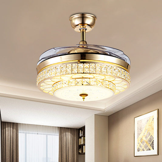 3-Blade Beveled Crystal LED Semi Flush Postmodern Gold 2-Tier Living Room Hanging Fan Lamp, 19.5" Wide Clearhalo 'Ceiling Fans with Lights' 'Ceiling Fans' Lighting' 923852