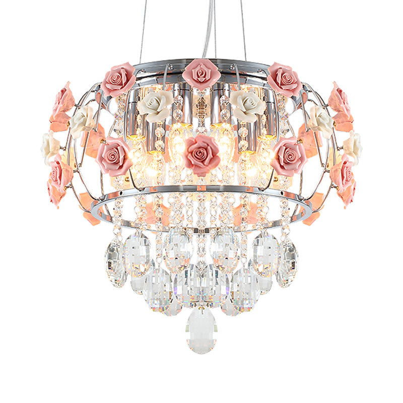 Chrome Drum Cage Pendant Chandelier Modern Metal 6 Bulbs Dining Table Suspension Lamp with Pink Rose and Crystal Drape Clearhalo 'Ceiling Lights' 'Chandeliers' 'Modern Chandeliers' 'Modern' Lighting' 923889
