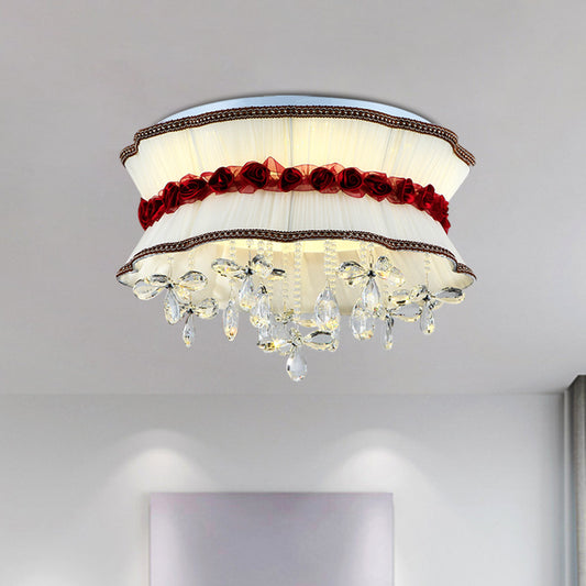 Pleated Fabric Bouquet Flush Mount Modern Style Bedroom LED Ceiling Lighting in Beige with Red Rose and Crystal Drops Clearhalo 'Ceiling Lights' 'Close To Ceiling Lights' 'Close to ceiling' 'Flush mount' Lighting' 923924