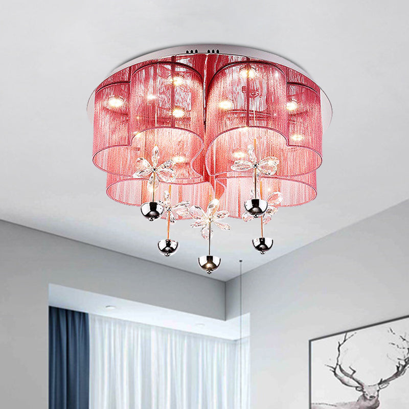 Pink/Gold Clover Flush Light Fixture Modern Romantic Fabric Parlor LED Ceiling Light with Crystal Flowers Clearhalo 'Ceiling Lights' 'Close To Ceiling Lights' 'Close to ceiling' 'Flush mount' Lighting' 923928