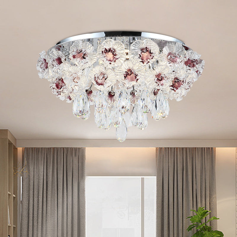 3 Lights Flushmount Lighting Contemporary Blooming Clear Crystal Flower Ceiling Lamp for Living Room Clearhalo 'Ceiling Lights' 'Close To Ceiling Lights' 'Close to ceiling' 'Flush mount' Lighting' 923936