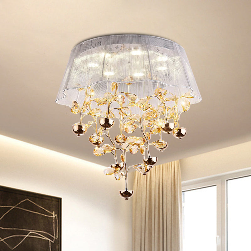 Silver/Pink Scalloped Ceiling Flush Modernist Fabric Bedroom LED Flush Mounted Lamp with Crystal Tree Design Clearhalo 'Ceiling Lights' 'Close To Ceiling Lights' 'Close to ceiling' 'Flush mount' Lighting' 923944