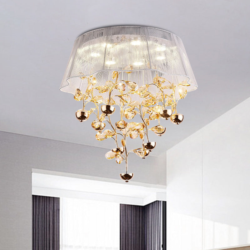 Silver/Pink Scalloped Ceiling Flush Modernist Fabric Bedroom LED Flush Mounted Lamp with Crystal Tree Design Clearhalo 'Ceiling Lights' 'Close To Ceiling Lights' 'Close to ceiling' 'Flush mount' Lighting' 923945